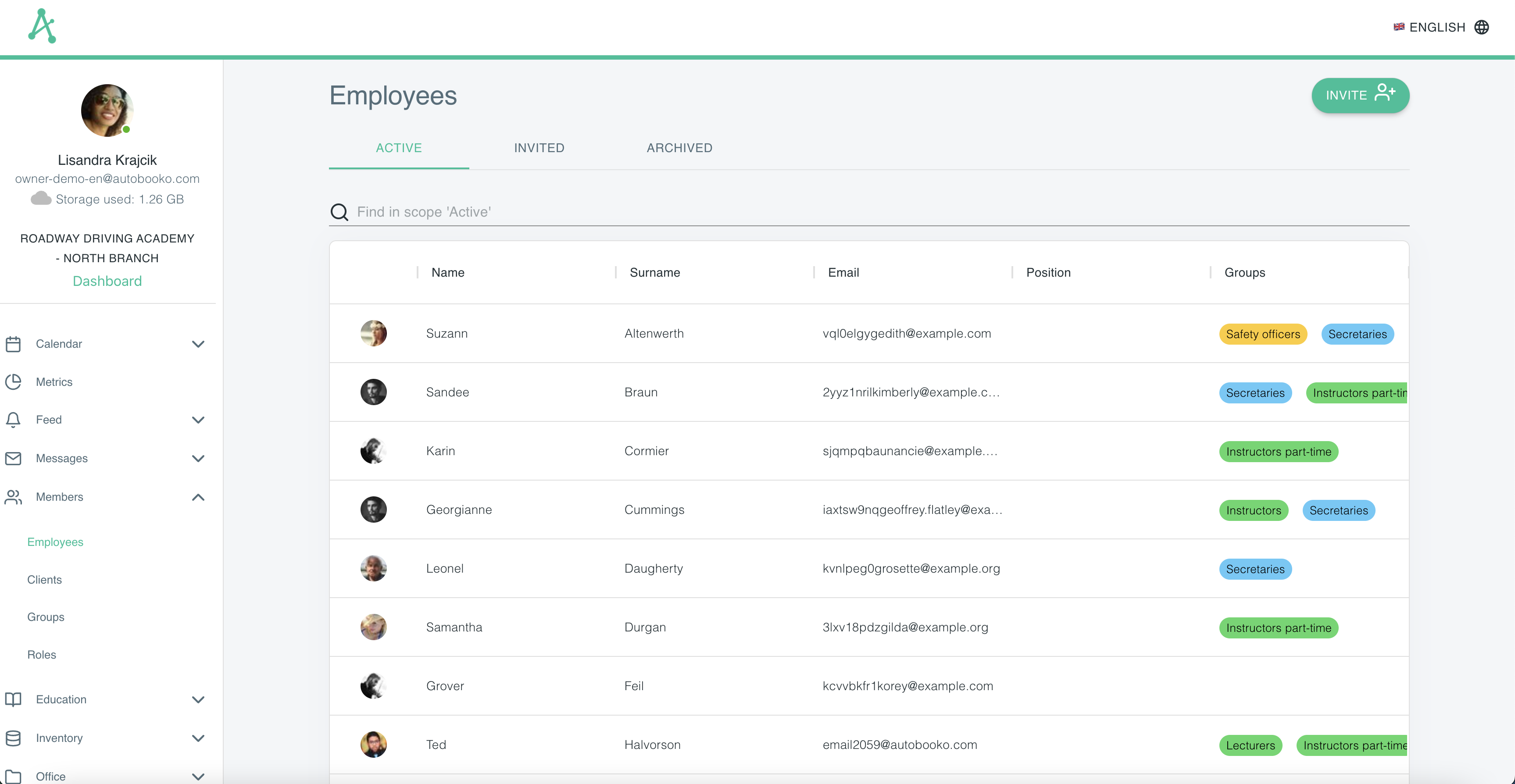List of active/archived/invited employees in separate tabs along with their groups