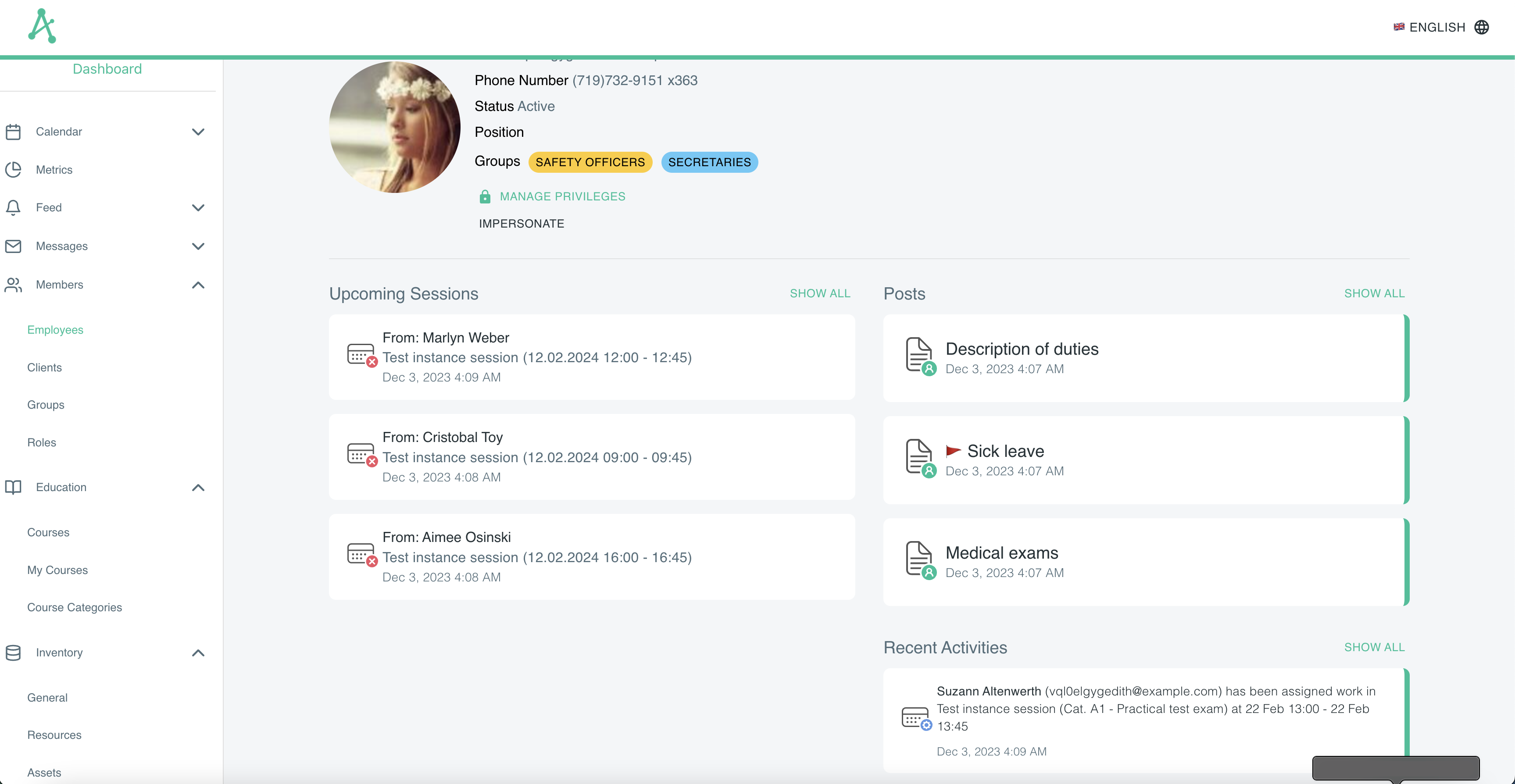 Employee profile with personal data, upcoming sessions, posts, and edit privilege button